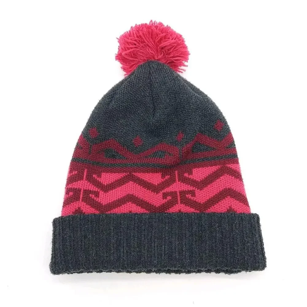 Patagonia Toboggan Beanie Skull Cap One Size Powder Town Pom Pom Pink‎ Gray
